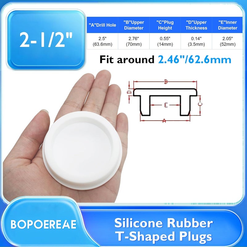 BOPOREAE 2 Pcs 63.6 mm/2.51 in Silicone Rubber Plug for 62.6 mm Round Holes, Waterproof T Type Rubber Stoppers, Soft Flexible Snap-On Seal Plugs Tube Pipe End Cover Caps Insert, White - Image 2